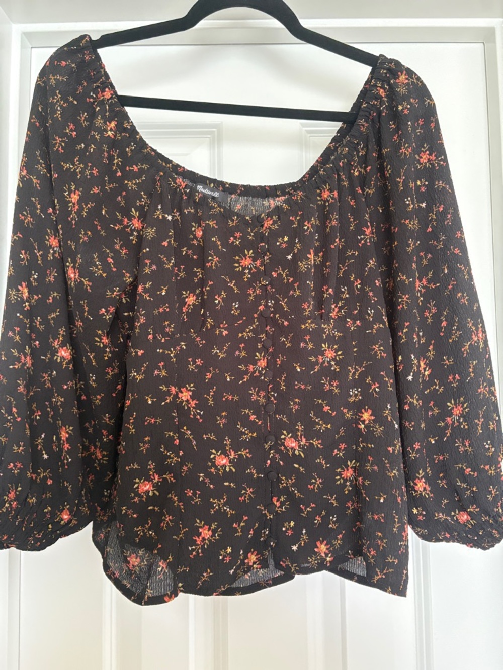 Madewell Women’s Floral Peasant Blouse - Black with Pink/Orange Flowers
